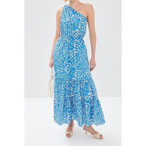 English Factory One Shoulder Print Maxi Dress Blue Multi Women's Medium j2‎
